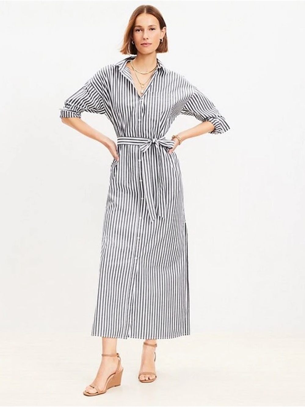 LOFT Striped Poplin Belted Pocket Shirtdress size L petite 2024